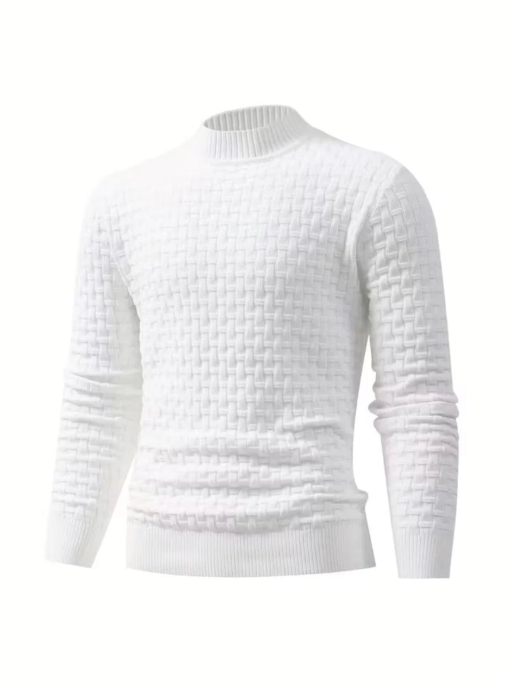 Men's White Basket-Weave Knit Crew Sweater