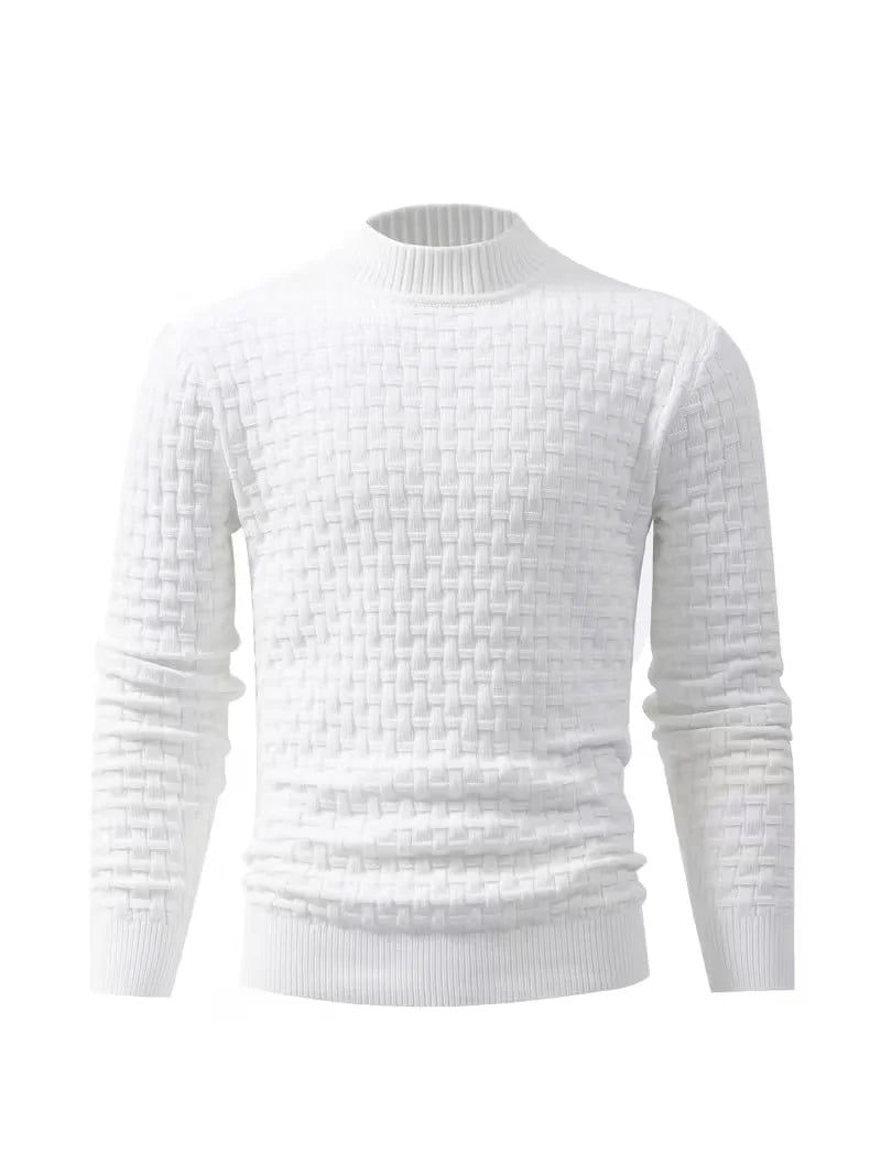 Men's White Basket-Weave Knit Crew Sweater