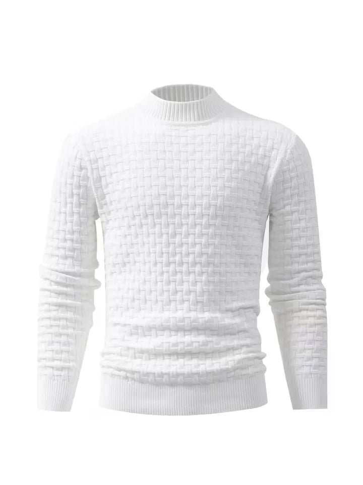 Men's White Basket-Weave Knit Crew Sweater
