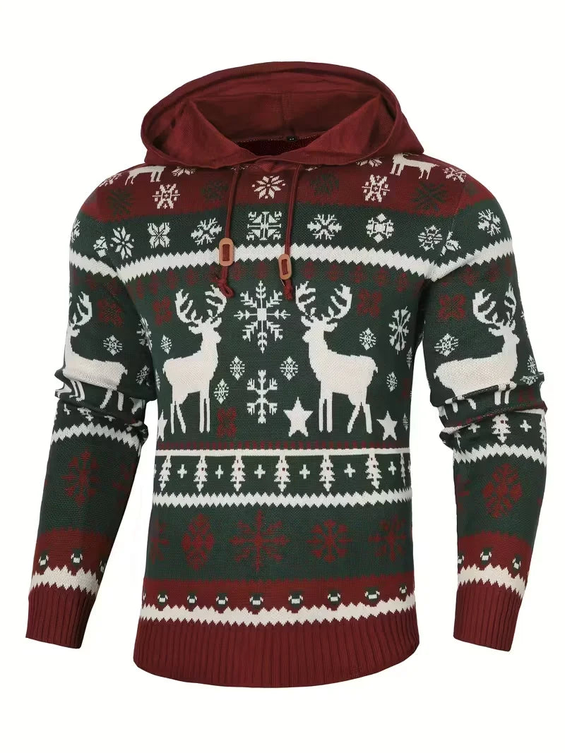 Men's Knit Pullover Hoodie Festive Pattern Sweater