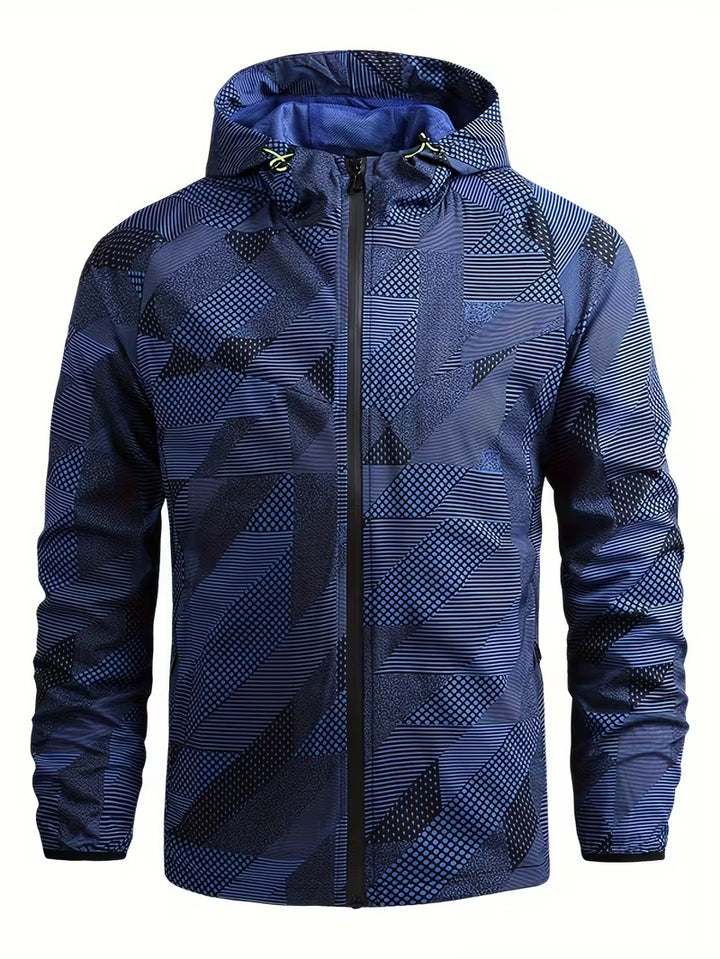 Geometric Print Hooded Zip-Up Jacket