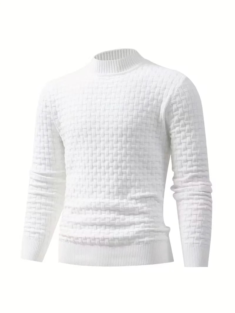 Men's White Basket-Weave Knit Crew Sweater