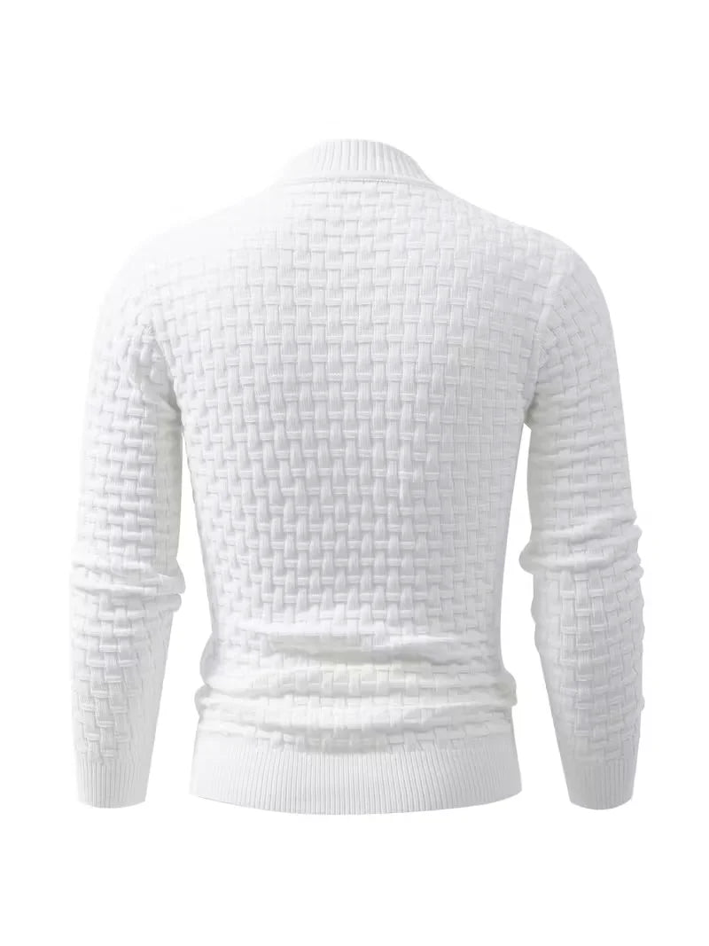 Men's White Basket-Weave Knit Crew Sweater