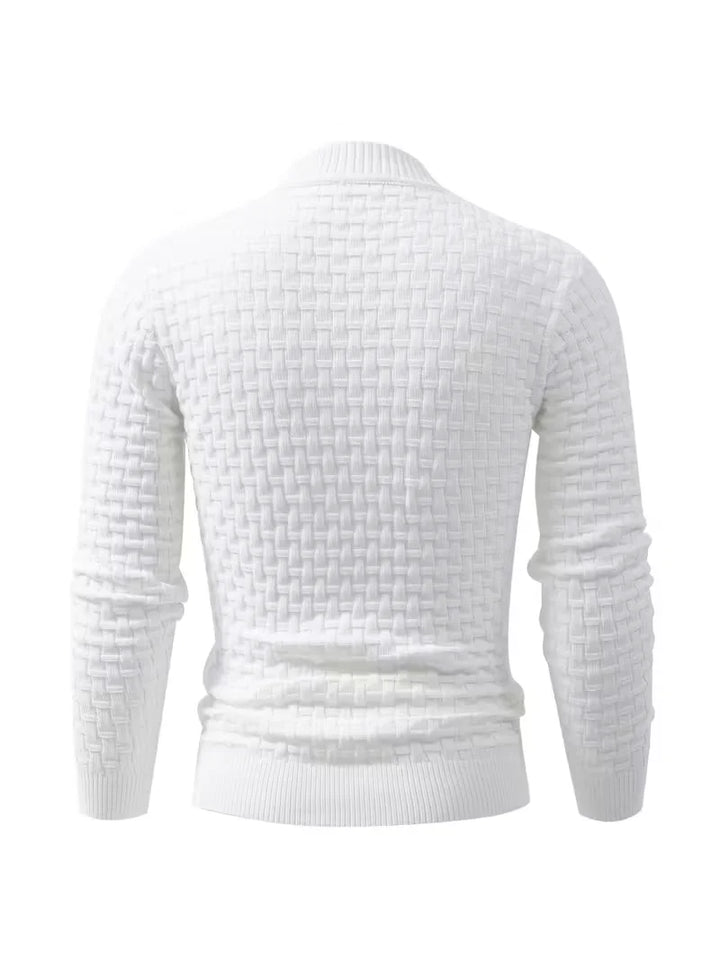 Men's White Basket-Weave Knit Crew Sweater
