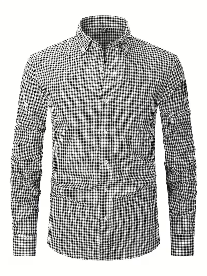 Long Sleeve Button-Up Shirt with Gingham Pattern