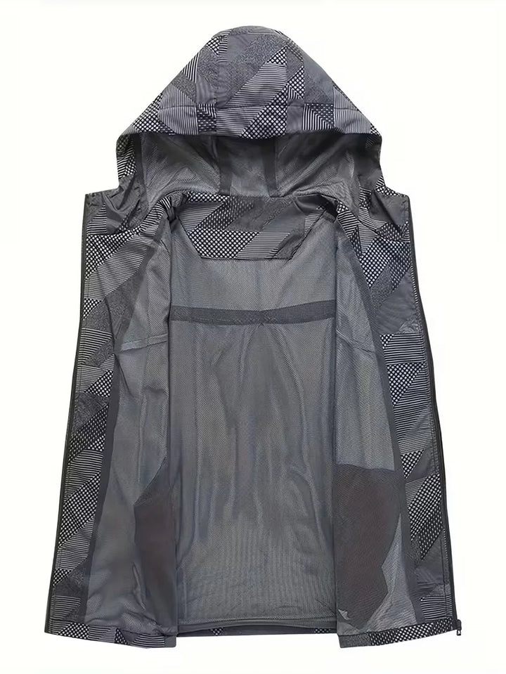 Geometric Print Hooded Zip-Up Jacket