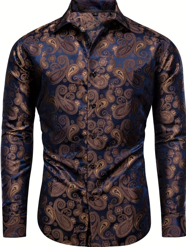 Long Sleeve Button-Up Shirt with Paisley Pattern