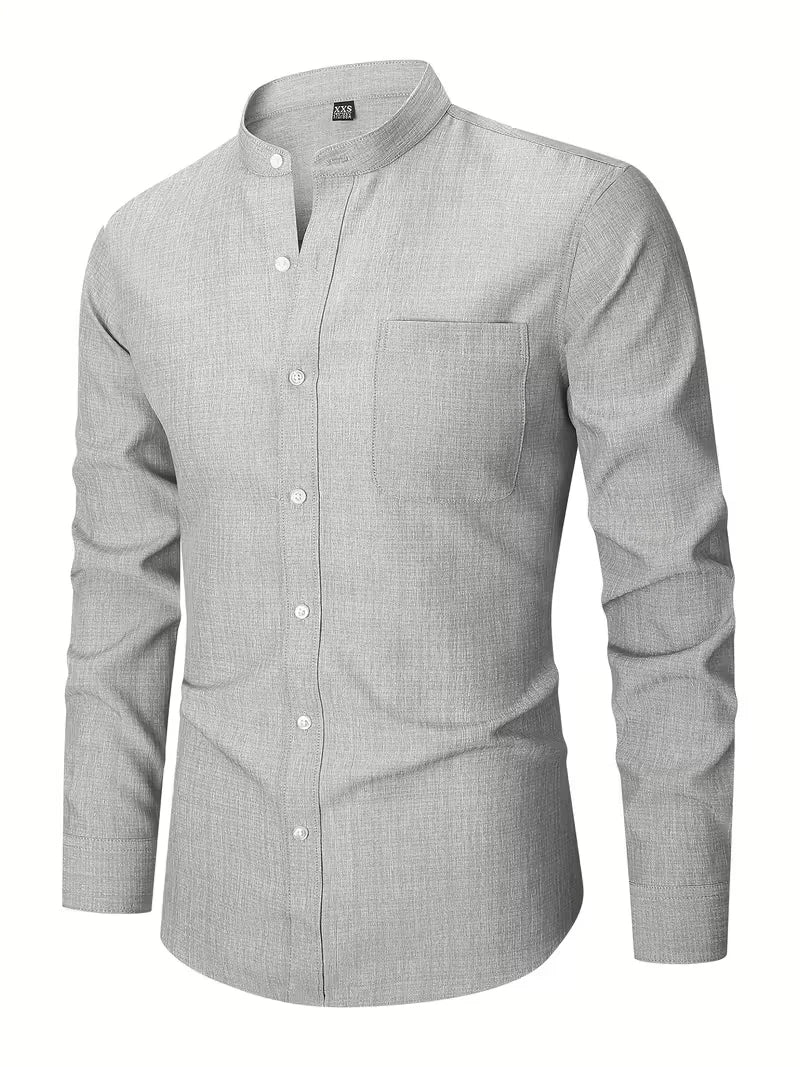 Long Sleeve Button-Up Shirt with Mandarin Collar
